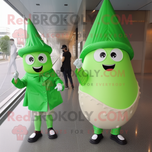 Green Ice Cream Cone mascot costume character dressed with a Raincoat and Messenger bags