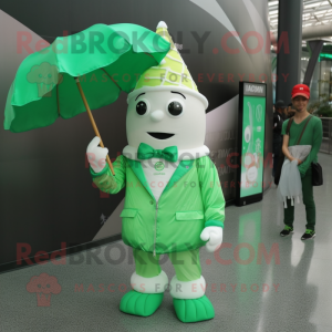 Green Ice Cream Cone mascot costume character dressed with a Raincoat and Messenger bags