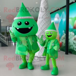 Green Ice Cream Cone mascot costume character dressed with a Raincoat and Messenger bags