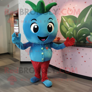 Teal Strawberry mascot costume character dressed with a Jeggings and Gloves