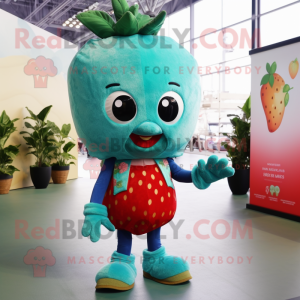 Teal Strawberry mascot costume character dressed with a Jeggings and Gloves