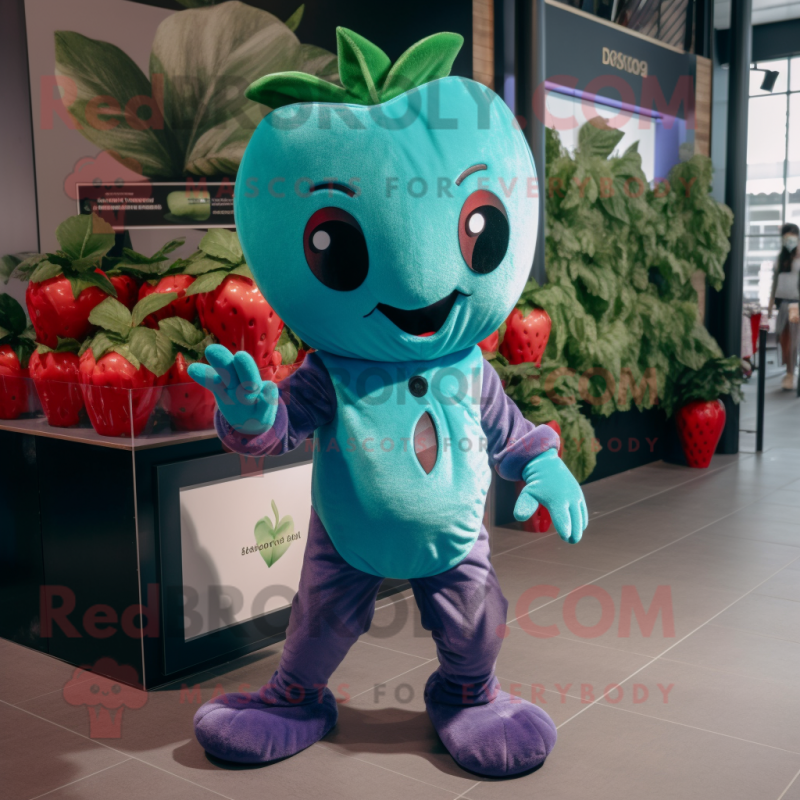 Teal Strawberry mascot costume character dressed with a Jeggings and Gloves Teal Strawberry mascot costume character dressed with a Jeggings and Gloves