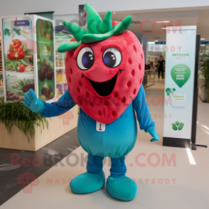 Teal Strawberry mascot costume character dressed with a Jeggings and Gloves