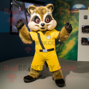 Yellow Raccoon mascot costume character dressed with a Jumpsuit and Cufflinks