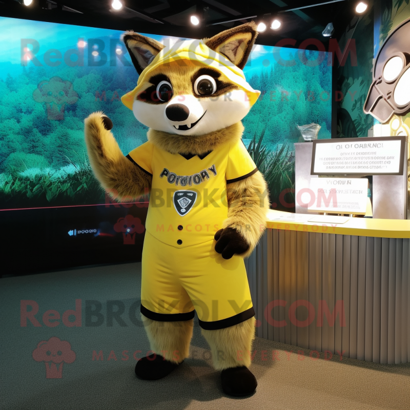 Yellow Raccoon mascot costume character dressed with a Jumpsuit and Cufflinks