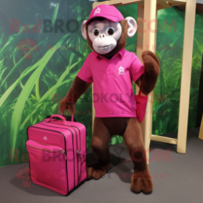 Magenta Capuchin Monkey mascot costume character dressed with a Polo Shirt and Briefcases