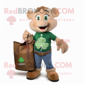 Tan Bunch Of Shamrocks mascot costume character dressed with a Denim Shorts and Tote bags