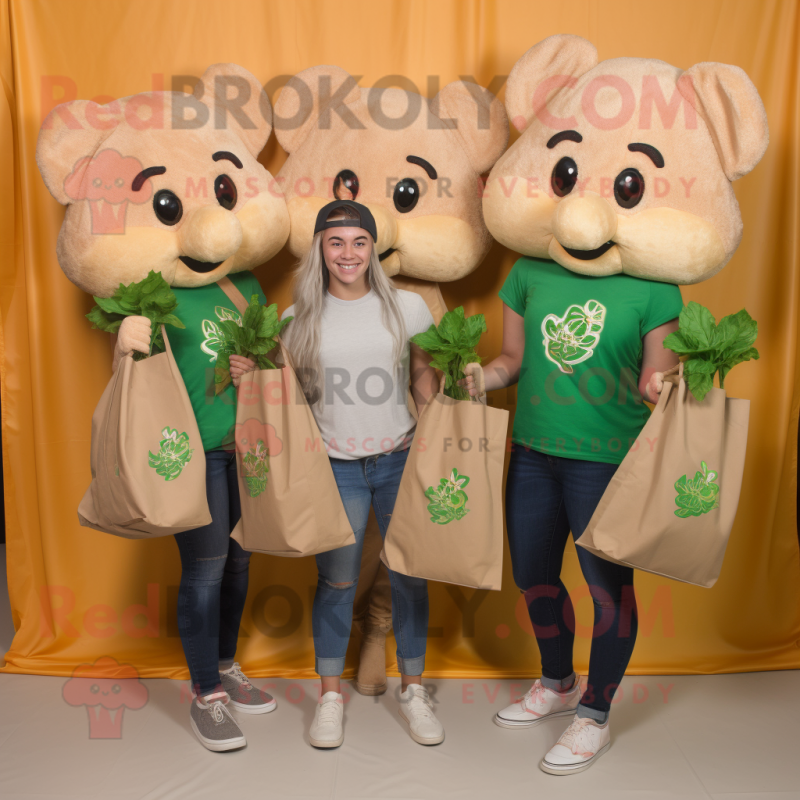 Tan Bunch Of Shamrocks mascot costume character dressed with a Denim Shorts and Tote bags Tan Bunch Of Shamrocks mascot costume character dressed with a Denim Shorts and Tote bags