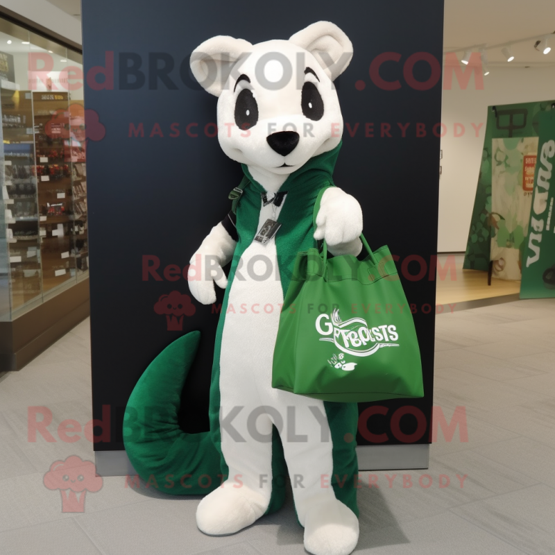 Forest Green Ermine mascot costume character dressed with a Vest and Tote bags Forest Green Ermine mascot costume character dressed with a Vest and Tote bags