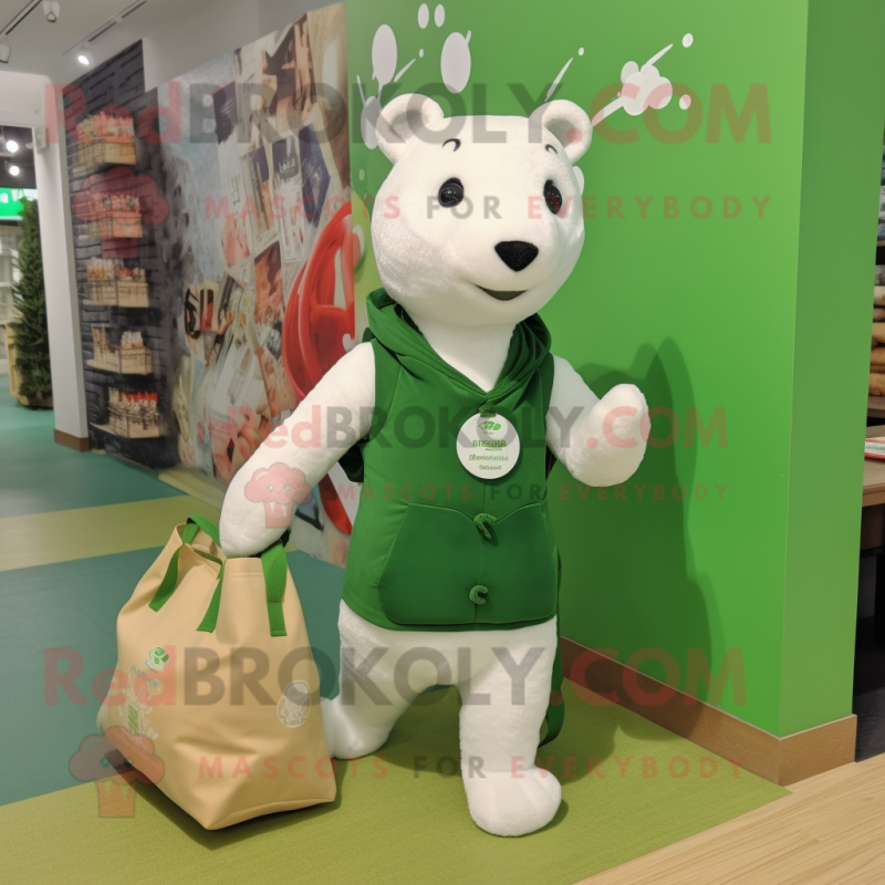 Forest Green Ermine mascot costume character dressed with a Vest and Tote bags Forest Green Ermine mascot costume character dressed with a Vest and Tote bags