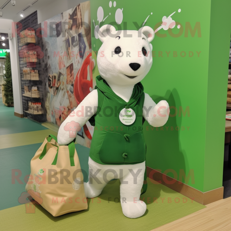 Forest Green Ermine mascot costume character dressed with a Vest and Tote bags