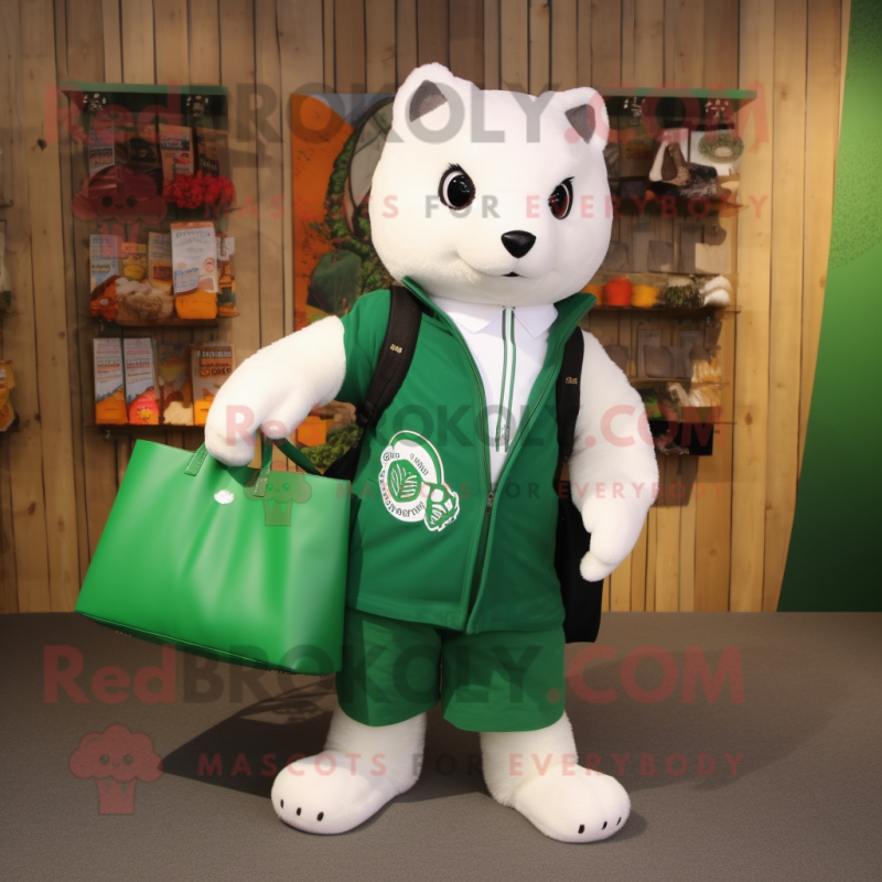 Forest Green Ermine mascot costume character dressed with a Vest and Tote bags