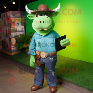 Green Buffalo mascot costume character dressed with a Boyfriend Jeans and Wallets