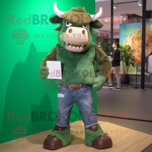 Green Buffalo mascot costume character dressed with a Boyfriend Jeans and Wallets