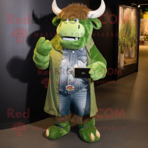 Green Buffalo mascot costume character dressed with a Boyfriend Jeans and Wallets