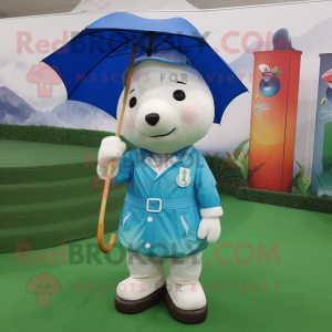 nan Golf Ball mascot costume character dressed with a Raincoat and Suspenders