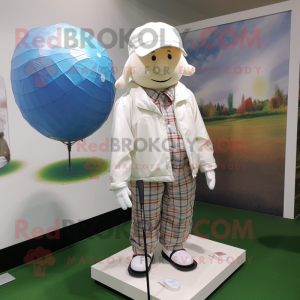 nan Golf Ball mascot costume character dressed with a Raincoat and Suspenders