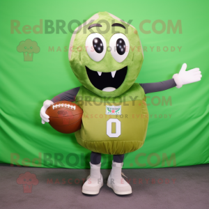 Olive American Football Helmet mascot costume character dressed with a Maxi Skirt and Messenger bags