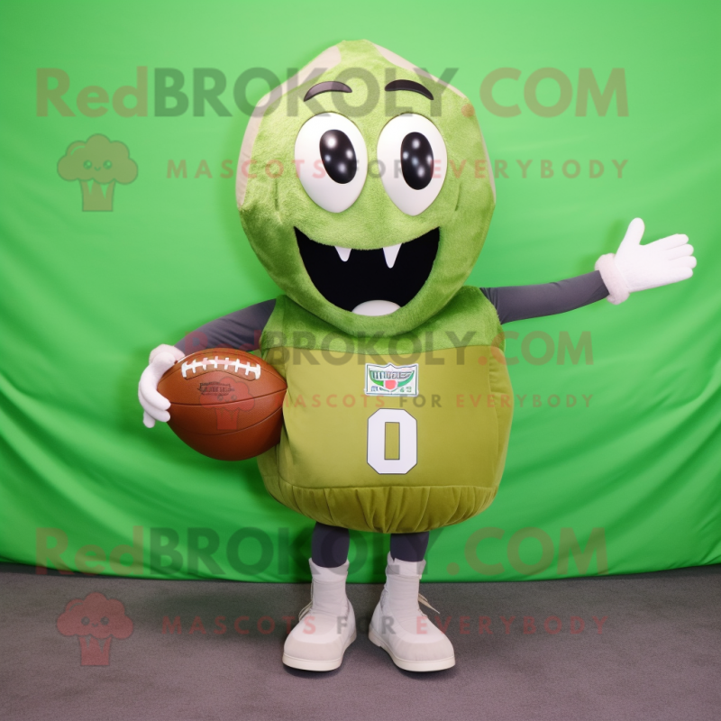 Olive American Football Helmet mascot costume character dressed with a Maxi Skirt and Messenger bags