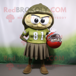 Olive American Football Helmet mascot costume character dressed with a Maxi Skirt and Messenger bags