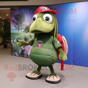 Olive American Football Helmet mascot costume character dressed with a Maxi Skirt and Messenger bags