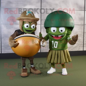 Olive American Football Helmet mascot costume character dressed with a Maxi Skirt and Messenger bags