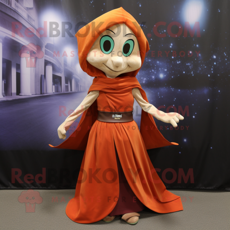 Rust Elf mascot costume character dressed with a Maxi Skirt and Shawl pins