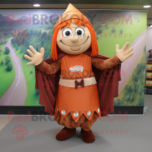 Rust Elf mascot costume character dressed with a Maxi Skirt and Shawl pins