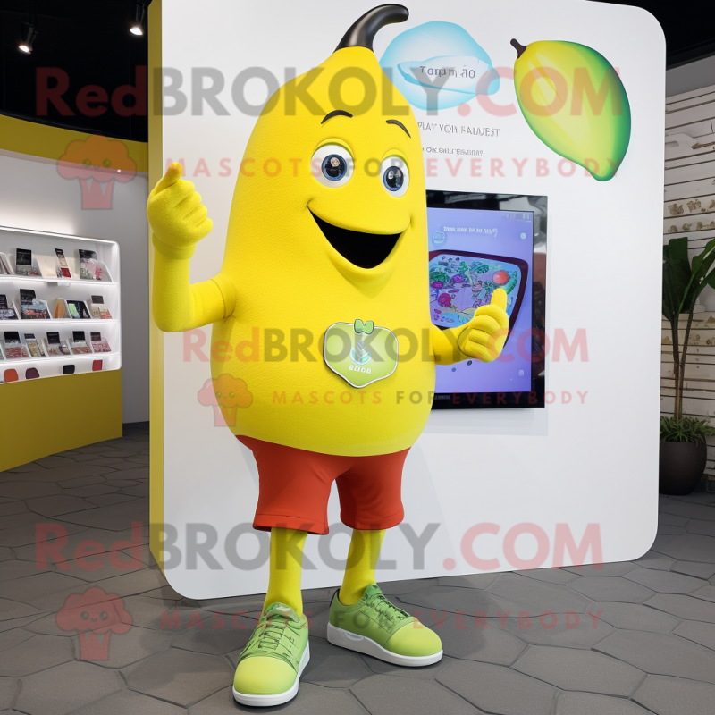 Yellow Mango mascot costume character dressed with a Bermuda Shorts and Smartwatches