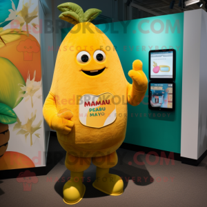 Yellow Mango mascot costume character dressed with a Bermuda Shorts and Smartwatches