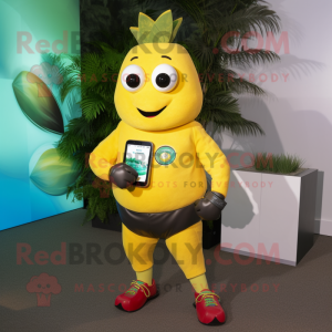 Yellow Mango mascot costume character dressed with a Bermuda Shorts and Smartwatches