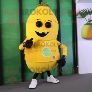 Yellow Mango mascot costume character dressed with a Bermuda Shorts and Smartwatches