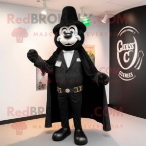 Black Guinness mascot costume character dressed with a Blazer and Shawl pins