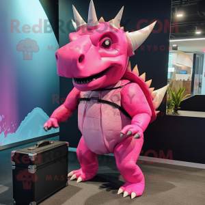 Pink Triceratops mascot costume character dressed with a Bodysuit and Briefcases
