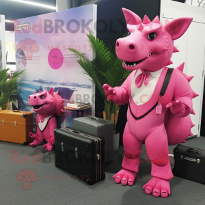 Pink Triceratops mascot costume character dressed with a Bodysuit and Briefcases