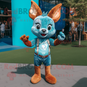 Turquoise Roe Deer mascot costume character dressed with a Denim Shorts and Mittens