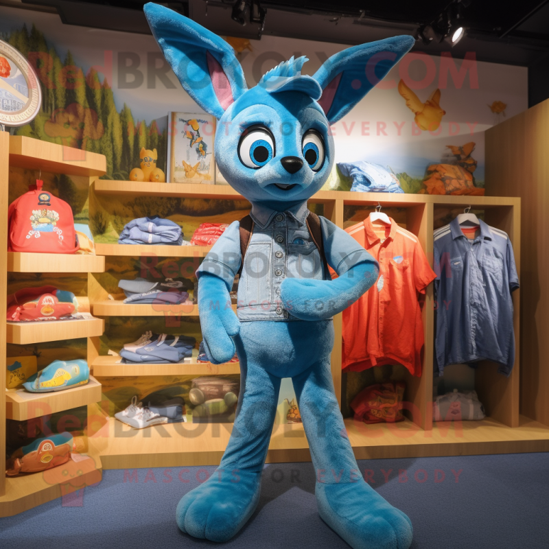 Turquoise Roe Deer mascot costume character dressed with a Denim Shorts and Mittens Turquoise Roe Deer mascot costume character dressed with a Denim Shorts and Mittens