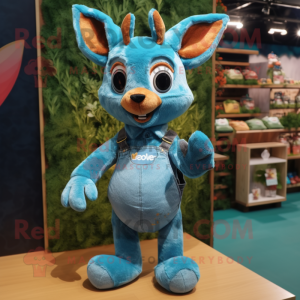 Turquoise Roe Deer mascot costume character dressed with a Denim Shorts and Mittens