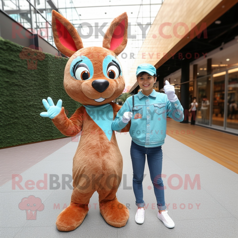 Turquoise Roe Deer mascot costume character dressed with a Denim Shorts and Mittens Turquoise Roe Deer mascot costume character dressed with a Denim Shorts and Mittens