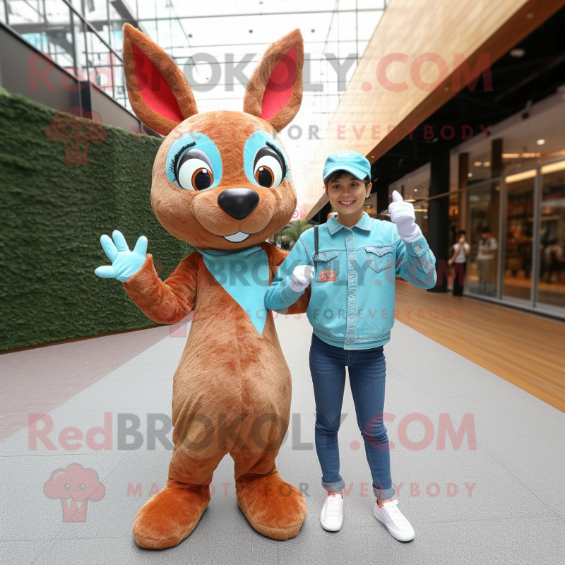 Turquoise Roe Deer mascot costume character dressed with a Denim Shorts and Mittens