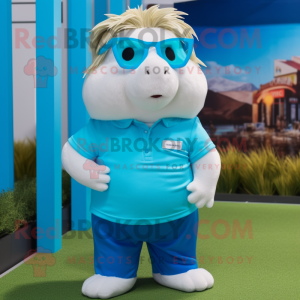 Cyan Guinea Pig mascot costume character dressed with a Polo Tee and Eyeglasses