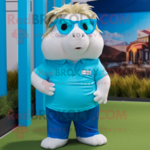 Cyan Guinea Pig mascot costume character dressed with a Polo Tee and Eyeglasses