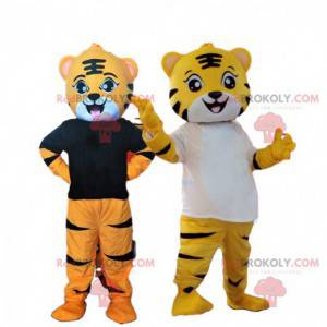 2 kostymer med gule og oransje tigre, felint maskot -