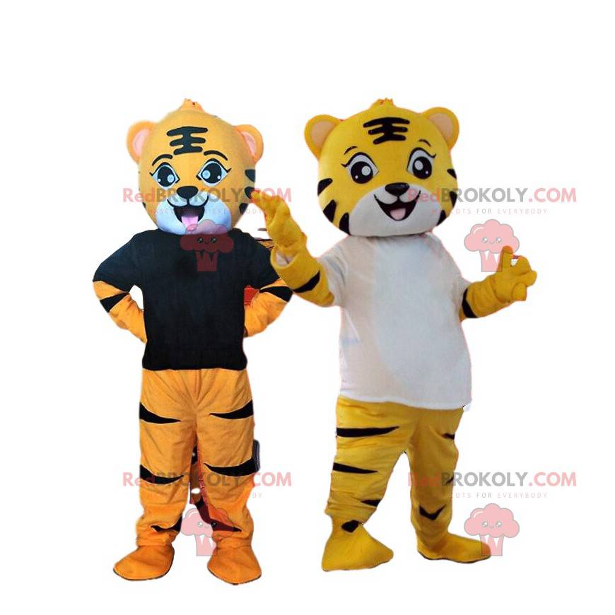 2 kostuums van gele en oranje tijgers, katachtige mascotte -