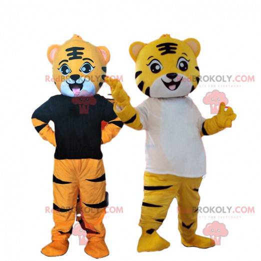 2 kostuums van gele en oranje tijgers, katachtige mascotte -