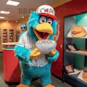 Turquoise Chicken Parmesan mascot costume character dressed with a Baseball Tee and Lapel pins