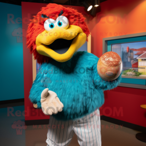 Turquoise Chicken Parmesan mascot costume character dressed with a Baseball Tee and Lapel pins