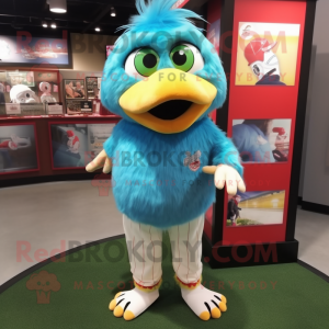 Turquoise Chicken Parmesan mascot costume character dressed with a Baseball Tee and Lapel pins