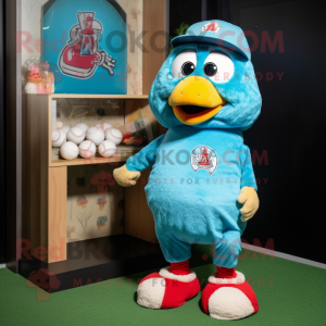 Turquoise Chicken Parmesan mascot costume character dressed with a Baseball Tee and Lapel pins