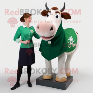 Forest Green Guernsey Cow mascot costume character dressed with a Pencil Skirt and Shoe clips